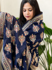 Navy Blue Georgette Dupatta with Thread & Sequin Embroidered Buttas and Border