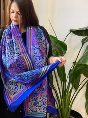 Blue Handmade Reverse Nakshi Kantha Stole in Pure Silk