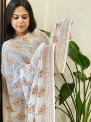 Off-White Georgette Dupatta with Thread & Sequin Embroidered Buttas and Border