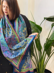 Teal Handmade Reverse Nakshi Kantha Stole in Pure Silk