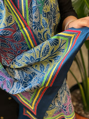 Teal Handmade Reverse Nakshi Kantha Stole in Pure Silk