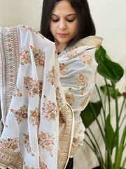 Off-White Georgette Dupatta with Thread & Sequin Embroidered Buttas and Border