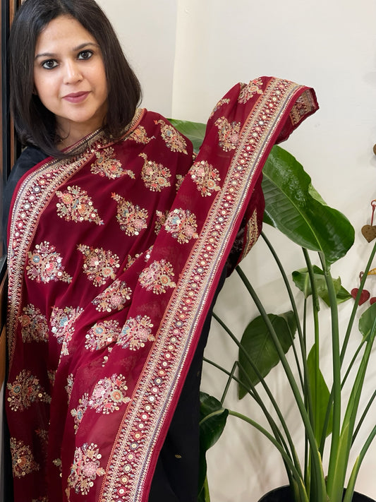 Maroon Georgette Dupatta with Thread & Sequin Embroidered Buttas and Border