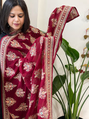 Maroon Georgette Dupatta with Thread & Sequin Embroidered Buttas and Border