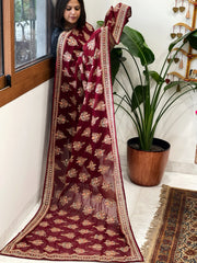 Maroon Georgette Dupatta with Thread & Sequin Embroidered Buttas and Border