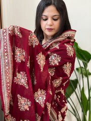 Maroon Georgette Dupatta with Thread & Sequin Embroidered Buttas and Border