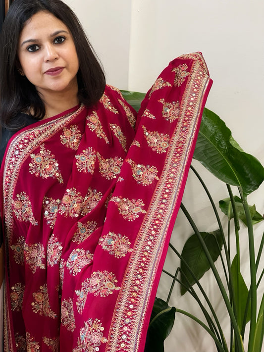 Magenta Pink Georgette Dupatta with Thread & Sequin Embroidered Buttas and Border