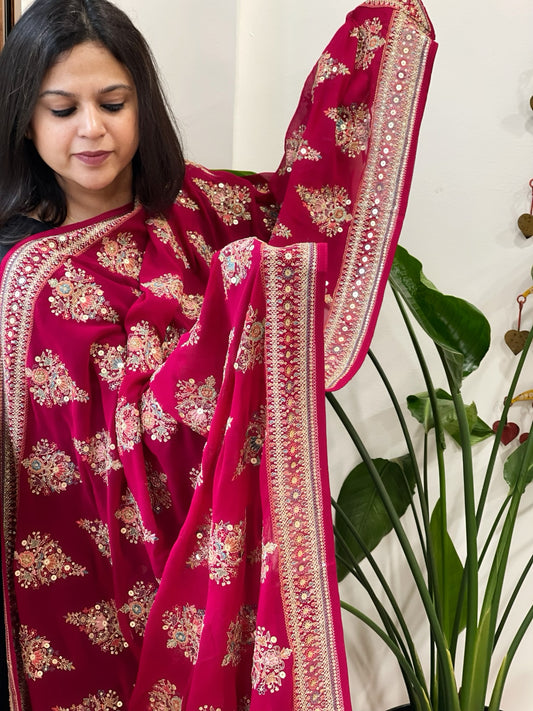 Magenta Pink Georgette Dupatta with Thread & Sequin Embroidered Buttas and Border