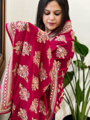 Magenta Pink Georgette Dupatta with Thread & Sequin Embroidered Buttas and Border