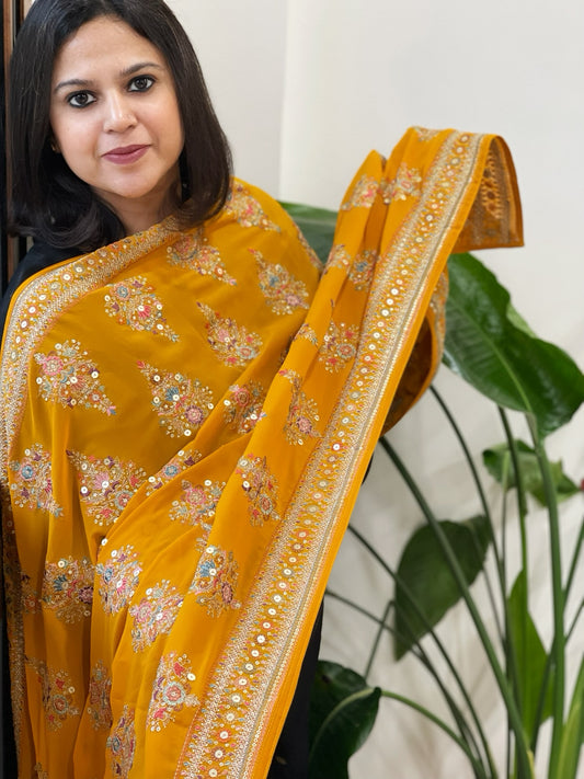 Haldi Yellow Georgette Dupatta with Thread & Sequin Embroidered Buttas and Border