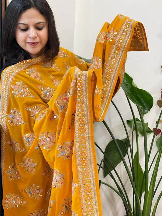 Haldi Yellow Georgette Dupatta with Thread & Sequin Embroidered Buttas and Border