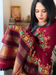 Maroon Handwoven Woollen Shawl with Thread and Mirror Handwork