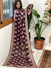 Wine Georgette Dupatta with Thread & Sequin Embroidered Buttas and Border