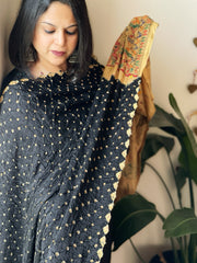 Black Bandhani Dupatta with Handpainted Madhubani Pallu in Modal Silk