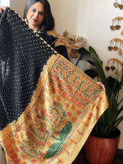 Black Bandhani Dupatta with Handpainted Madhubani Pallu in Modal Silk