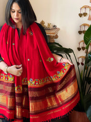 Red Handwoven Woollen Shawl with Thread and Mirror Handwork
