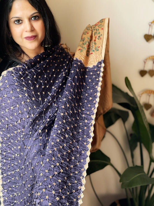 Blue Bandhani Dupatta with Handpainted Madhubani Pallu in Modal Silk