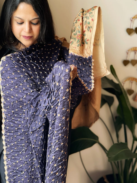 Blue Bandhani Dupatta with Handpainted Madhubani Pallu in Modal Silk