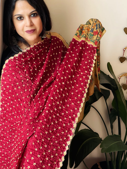 Maroon Bandhani Dupatta with Handpainted Madhubani Pallu in Modal Silk