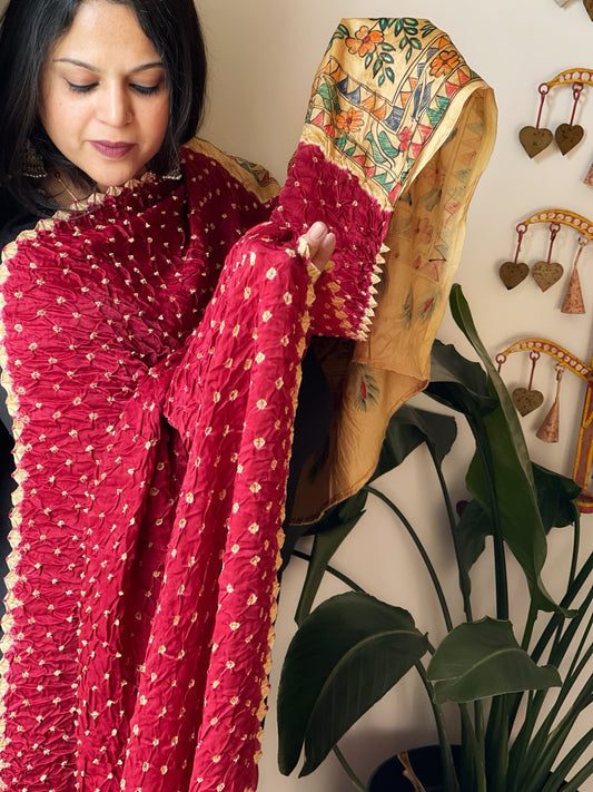 Maroon Bandhani Dupatta with Handpainted Madhubani Pallu in Modal Silk