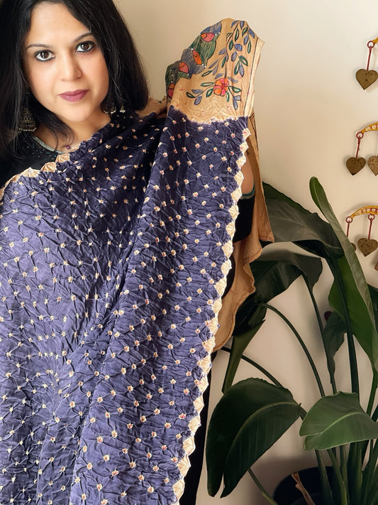 Blue Bandhani Dupatta with Handpainted Madhubani Pallu in Modal Silk