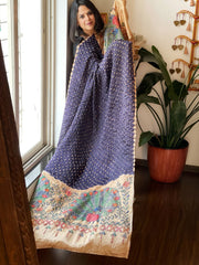 Blue Bandhani Dupatta with Handpainted Madhubani Pallu in Modal Silk