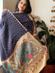Blue Bandhani Dupatta with Handpainted Madhubani Pallu in Modal Silk