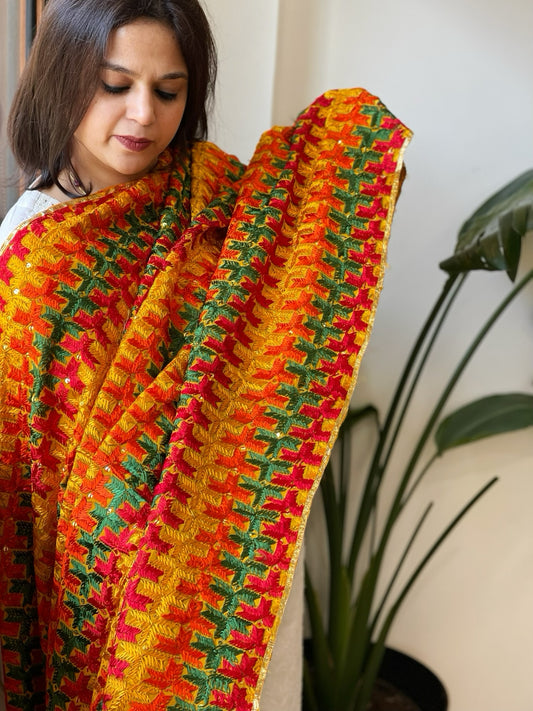 Handmade Bagh Phulkari Dupatta in Crepe
