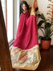 Maroon Bandhani Dupatta with Handpainted Madhubani Pallu in Modal Silk