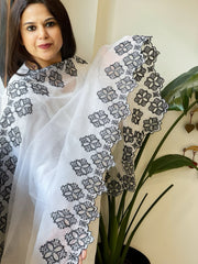 White Kota Cotton Dupatta with Cut Work
