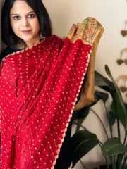 Red Bandhani Dupatta with Handpainted Madhubani Pallu in Modal Silk