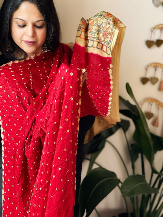 Red Bandhani Dupatta with Handpainted Madhubani Pallu in Modal Silk