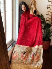 Red Bandhani Dupatta with Handpainted Madhubani Pallu in Modal Silk