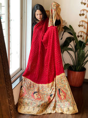 Red Bandhani Dupatta with Handpainted Madhubani Pallu in Modal Silk