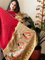 Red Bandhani Dupatta with Handpainted Madhubani Pallu in Modal Silk