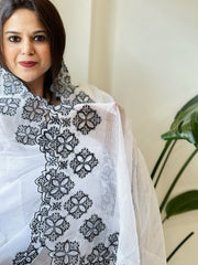 White Kota Cotton Dupatta with Cut Work
