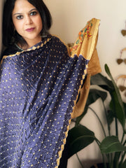 Blue Bandhani Dupatta with Handpainted Madhubani Pallu in Modal Silk