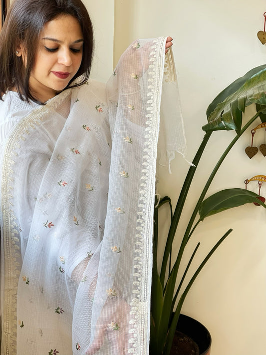 White Kota Cotton Dupatta with Thread Embroidery