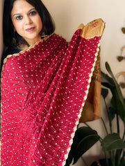 Maroon Bandhani Dupatta with Handpainted Madhubani Pallu in Modal Silk