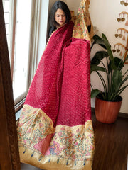 Maroon Bandhani Dupatta with Handpainted Madhubani Pallu in Modal Silk