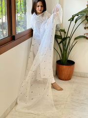 White Kota Cotton Dupatta with Thread Embroidery