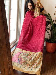 Maroon Bandhani Dupatta with Handpainted Madhubani Pallu in Modal Silk