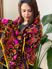 Black Georgette dupatta with Woolen Thread Handwork