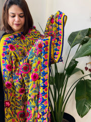 Yellow Georgette dupatta with Woolen Thread Handwork