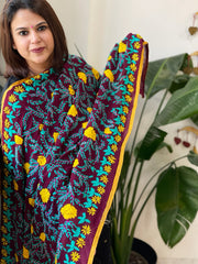 Wine Georgette dupatta with Woolen Thread Handwork