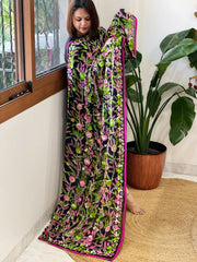 Black Georgette dupatta with Woolen Thread Handwork