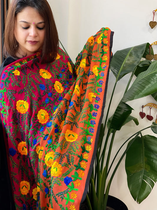 Orange, Pink Georgette dupatta with Woolen Thread Handwork