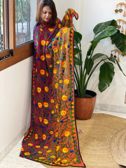 Orange, Pink Georgette dupatta with Woolen Thread Handwork