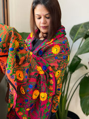 Orange, Pink Georgette dupatta with Woolen Thread Handwork