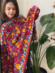 Red Georgette dupatta with Woolen Thread Handwork